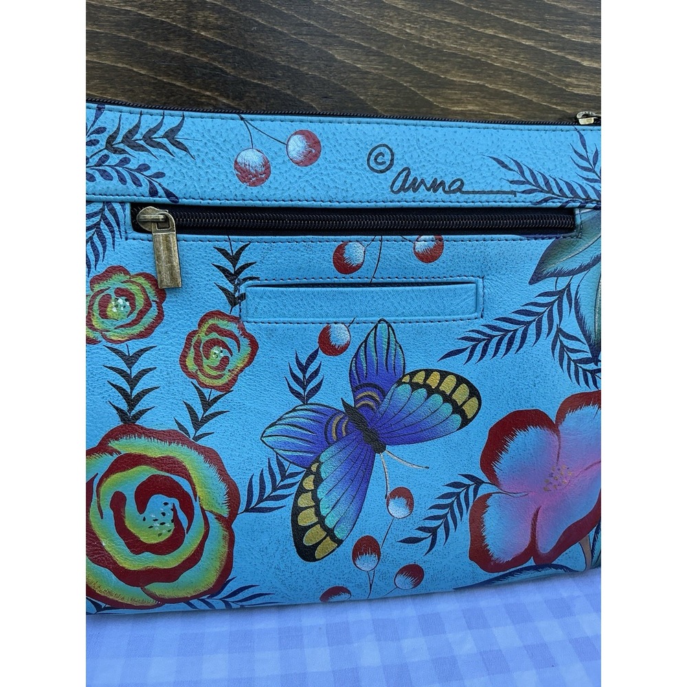 Anna Anuschka Hand Painted Leather Crossbody Bag Butterfly Garden Floral - Picture 4 of 11